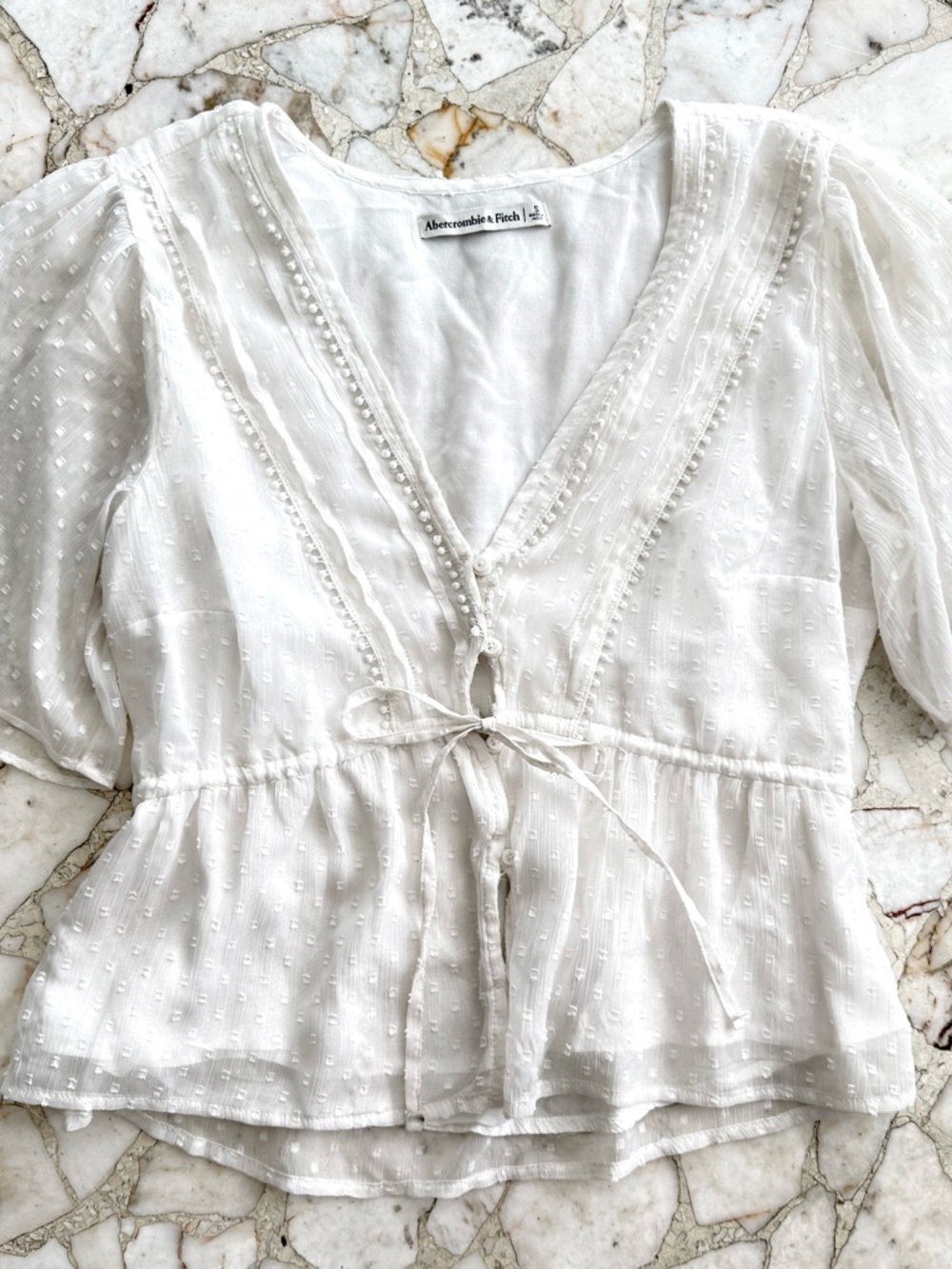 Abercrombie & Fitch White Swiss Dot Tie-Front Peplum Top